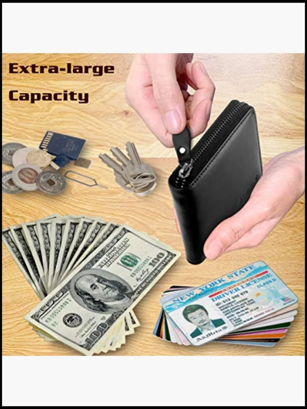 Mens Genuine Leather Bifold Wallet RFID Blocking Zip Around Card Holder